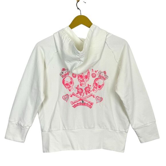 Y2K Victoria’s Secret White Pink Rhinestone Skull Full Zip Hoodie Jacket Small - Picture 1 of 10